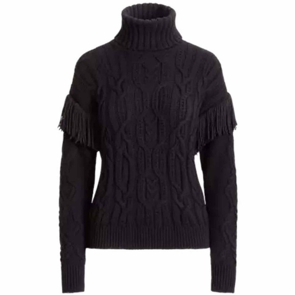 Lauren Ralph Lauren Fringe Trim Aran Knit Turtleneck Sweater Black - Picture 2 of 9